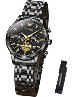 Women's Black Analog Quartz Stainless Steel Relog Mujer Waterproof Classic Watch